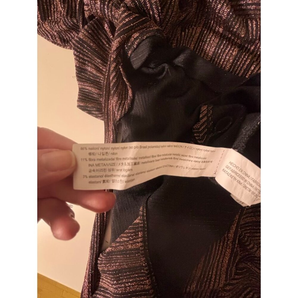 Zara Wrap Dress Black Copper Pinstripe Metallic Medium Wedding Guest Club Bold - Picture 6 of 8